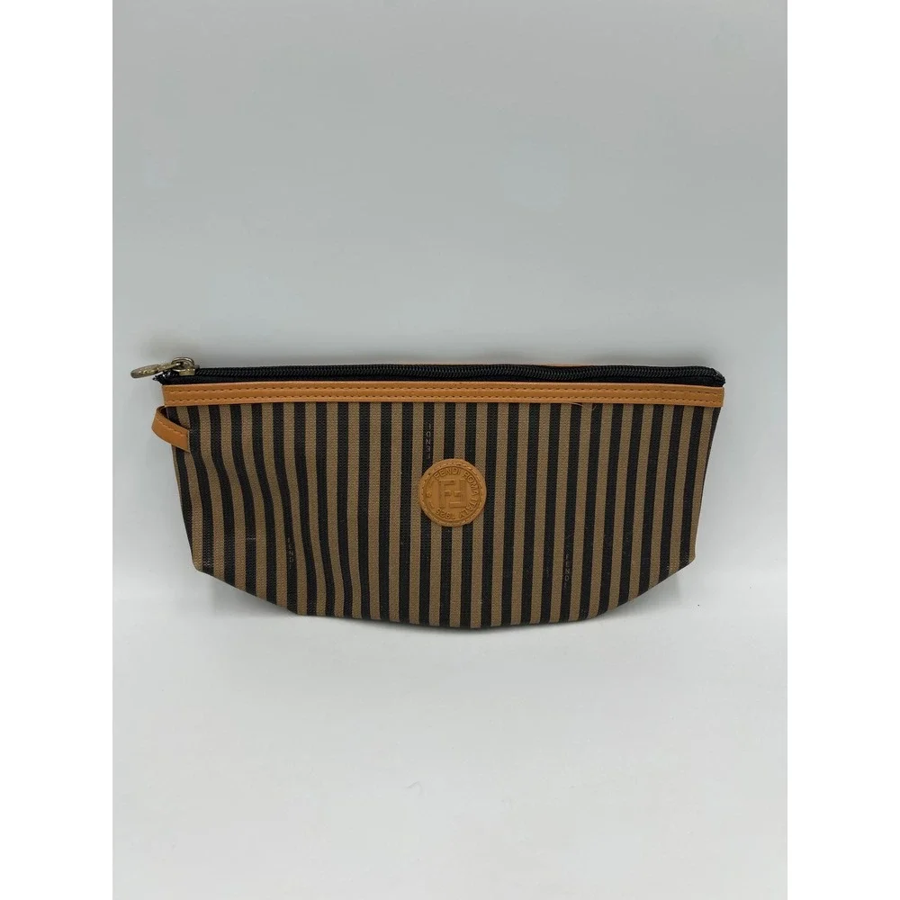 Fendi Pequin Striped Canvas Leather Cosmetic Pouch Bag Brown Black Vintage Italy